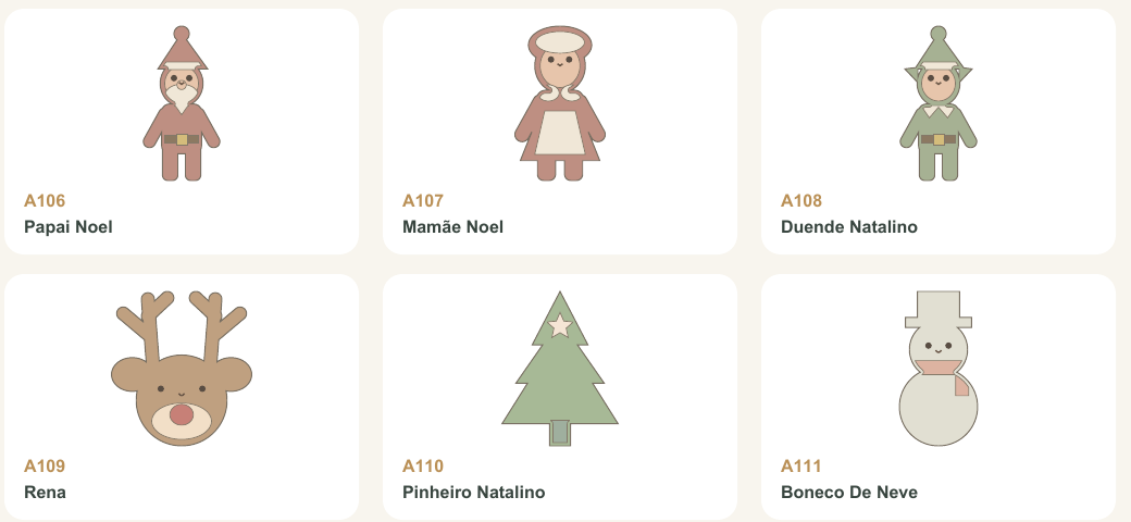 Página real do PDF com seis modelos de feltro: personagens e enfeites de Natal, com nomes e códigos