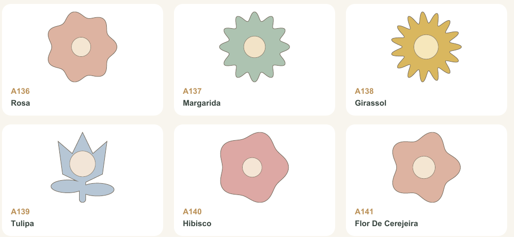 Página real do PDF com seis modelos de feltro: flores e folhagens, com nomes e códigos