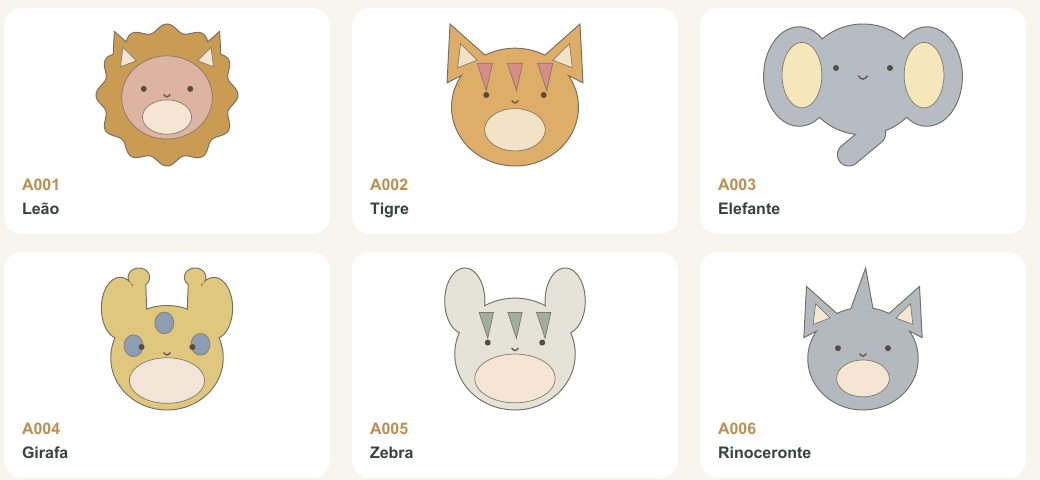 Página real do PDF com seis modelos de feltro: rostinhos de bichinhos de safári e floresta, com nomes e códigos