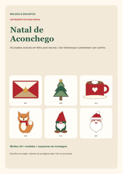 Capa real do PDF Natal de Aconchego, com exemplos de enfeites planos
