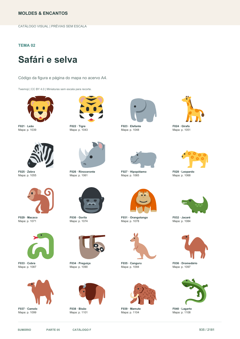 Página real do catálogo de formas planas para apliques, com nomes, códigos e créditos